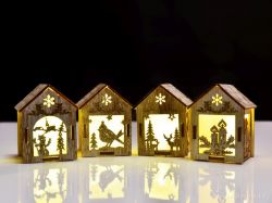 Dřevěný domek s LED osvětlením s vánočními motivy