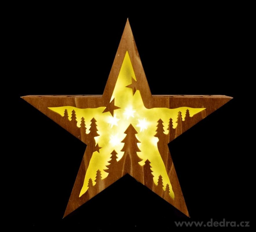 Svítící dřevěná hvězda s motivem lesa