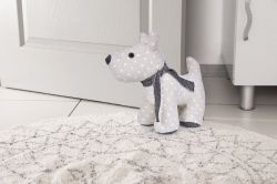 Dveřní textilní zarážka ve tvaru psa s puntíky