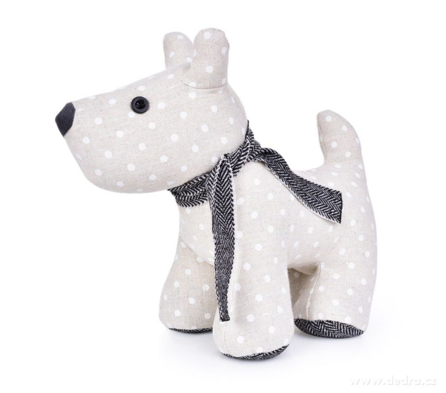 Dveřní textilní zarážka ve tvaru psa s puntíky