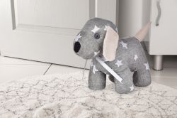 Dveřní textilní zarážka ve tvaru psa, šedý s hvězdičkami