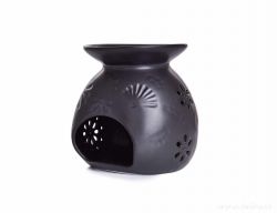 Keramická aromalampa na čajové svíčky, matná černá s krajkovým dekorem 