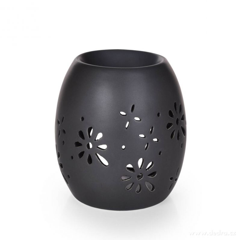Keramická aromalampa na čajové svíčky, matná černá s krajkovým dekorem