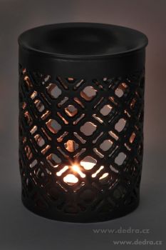 Keramická aromalampa na čajové svíčky s krajkovým dekorem, válcovitá černá