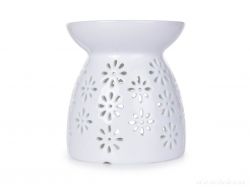 Keramická aromalampa na čajové svíčky s lesklou bílou glazurou a krajkovým dekorem