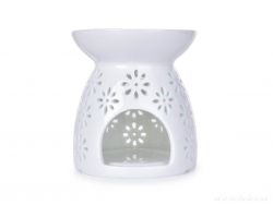 Keramická aromalampa na čajové svíčky s lesklou bílou glazurou a krajkovým dekorem